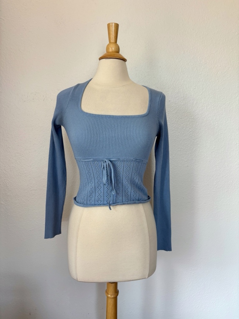Blue Knit Long Sleeve Milkmaid Top